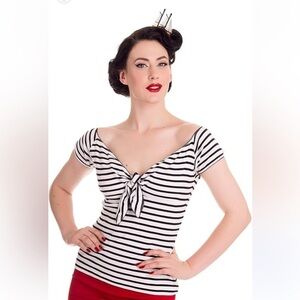 Hell Bunny Black and White Striped Tie-Front Top